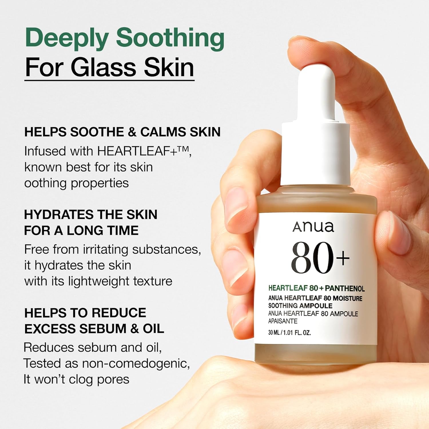 Heartleaf 80 Soothing Ampoule, Hydration Facial Serum for Glass Skin, Panthenol, Hyaluronic Acid, Non-Greasy, Gentle Formula, Lightweight Essence, Vegan, Korean Skin Care, 30Ml/1.01 Fl.Oz